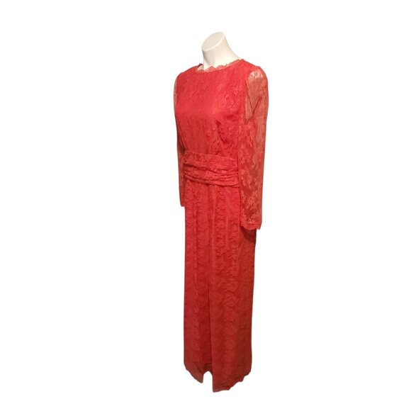 Handmade Lace Dress Waist Size Medium Red Pink Maxi Long Sleeve - Picture 5 of 5